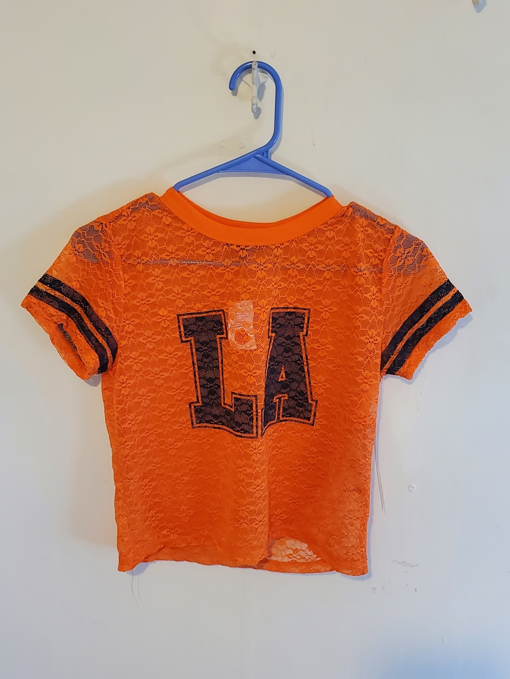 Almost Famous Orange Lace 'LA' Short Sleeve Tee with Black Stripe Detail